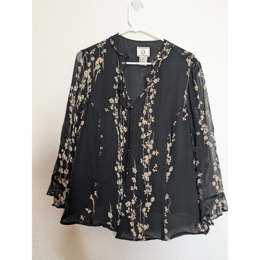 ICE Women 100% Silk Floral Button Up Blouse 1X Black Sheer Beaded Ruffle Y2K Top